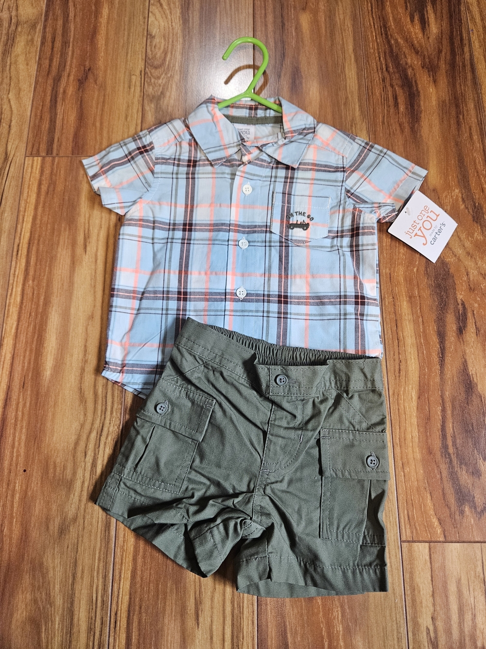 Just One You by Carter's Blue Plaid Shirt & Olive Cargo Shorts Kids Set